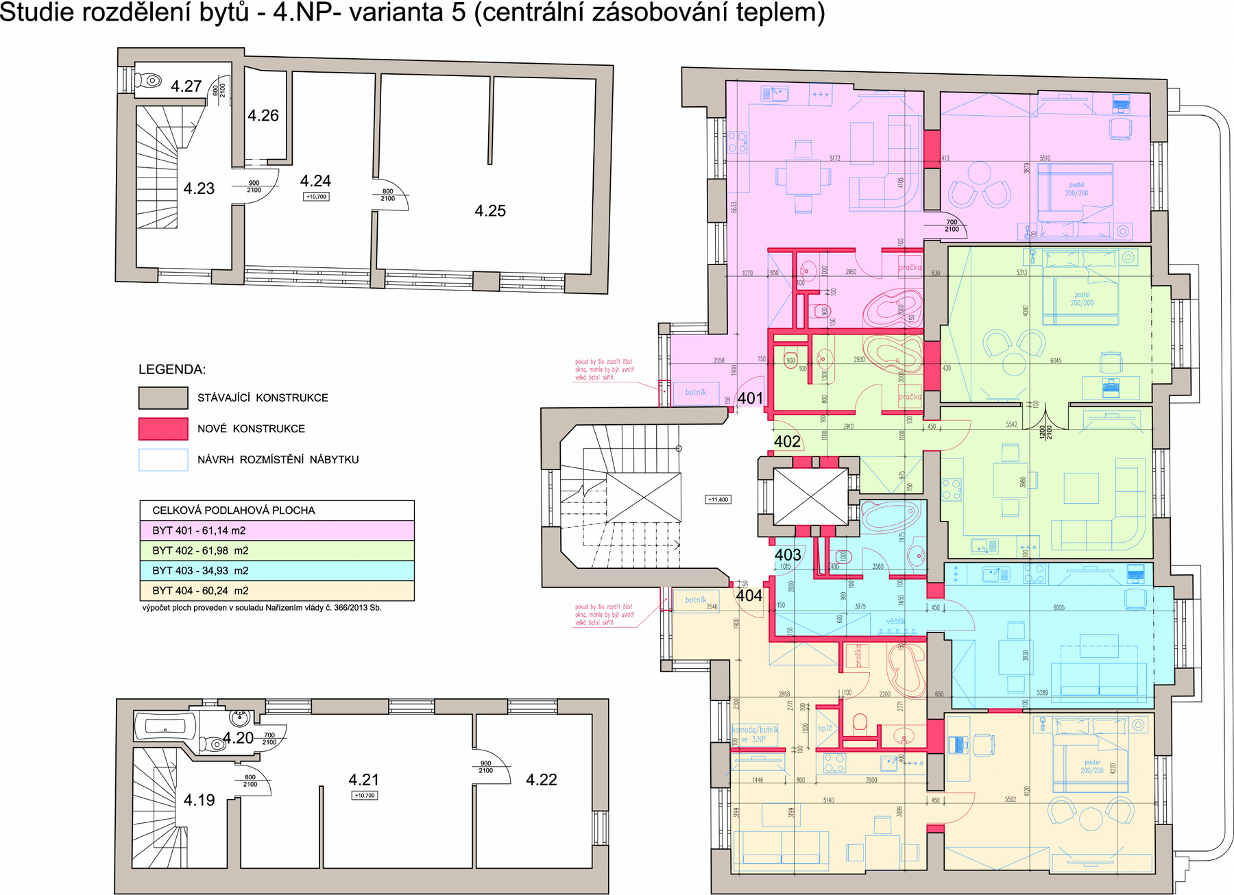 Půdorys vzorového podlaží rozděleného na čtyři byty s plochami 61,14, 61,98, 34,93 a 60,24 m²