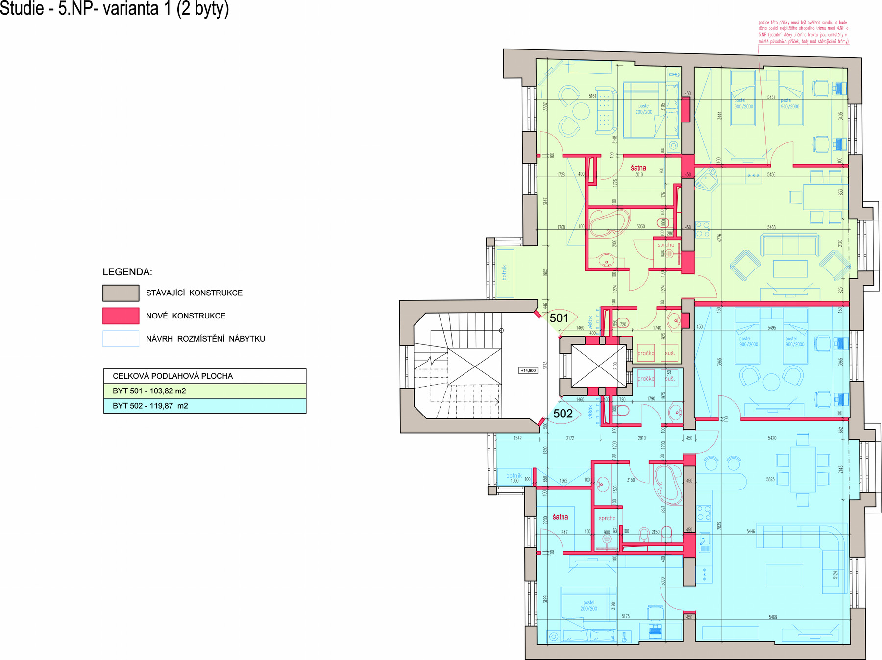 Půdorys pátého podlaží se dvěma byty 501 a 502, 103,82 a 119,87 m²
