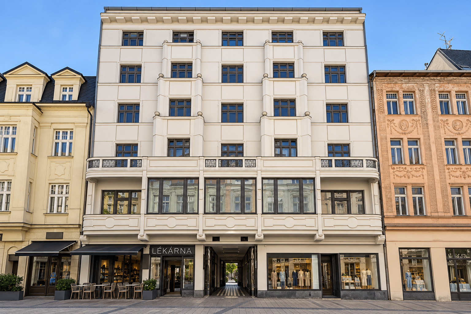 Celá fasáda domu PASSAGE 47 v pěší části centra Karlových Varů