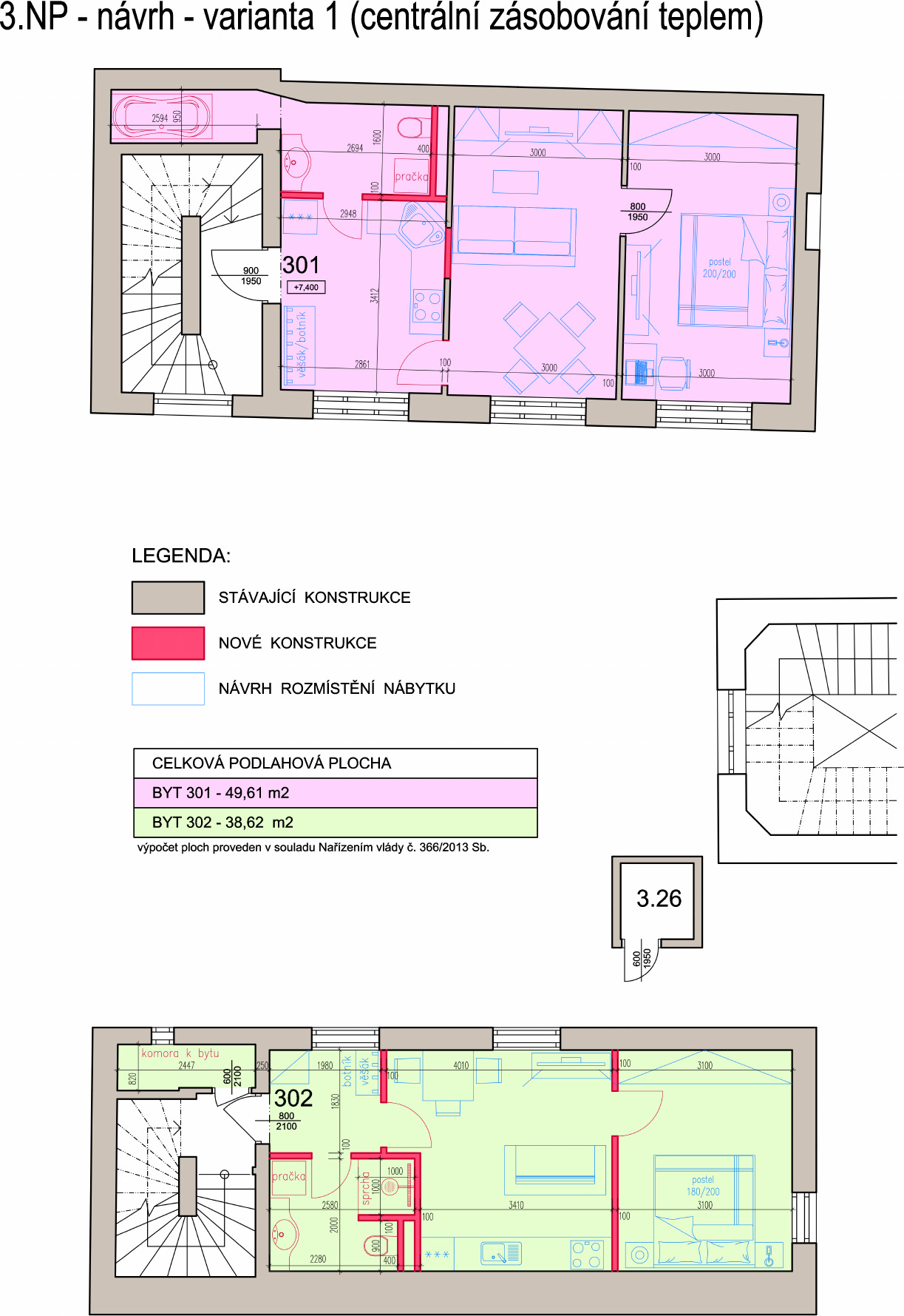 Půdorys dvorního křídla se dvěma byty o plochách 49,61 a 38,62 m²