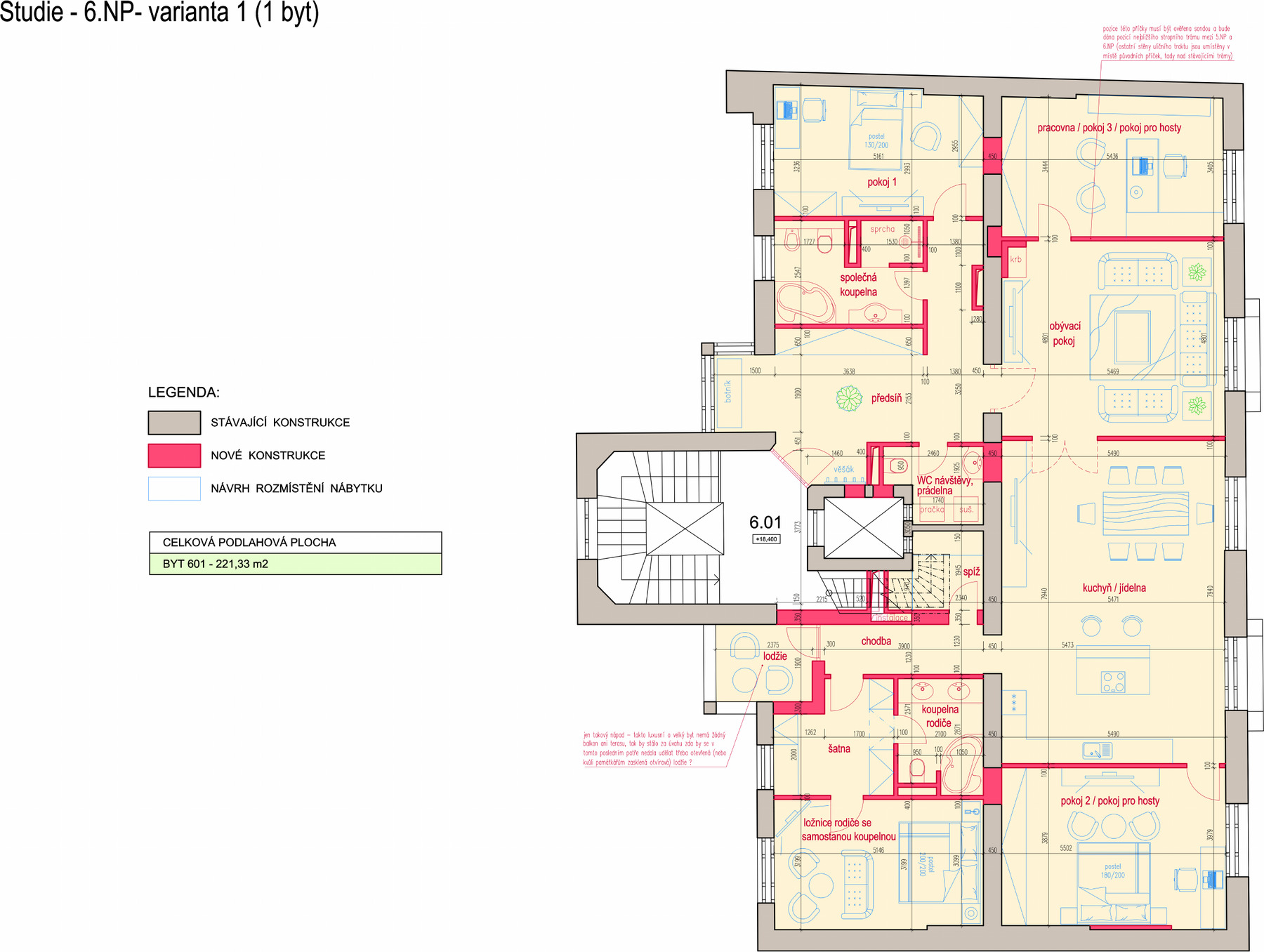 Půdorys šestého podlaží s jedním bytem 601 o ploše 221,33 m², s rozmístěním nábytku